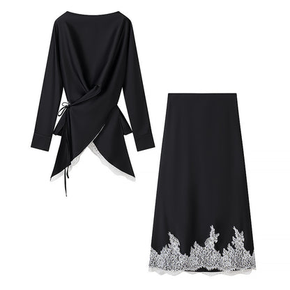 Women's Two-Piece Satin Set with Wrap Blouse and Midi Skirt with Lace Trim EVA-US