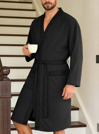 Men's lightweight cotton kimono bathrobe with waffle texture and patch pockets EVA-US