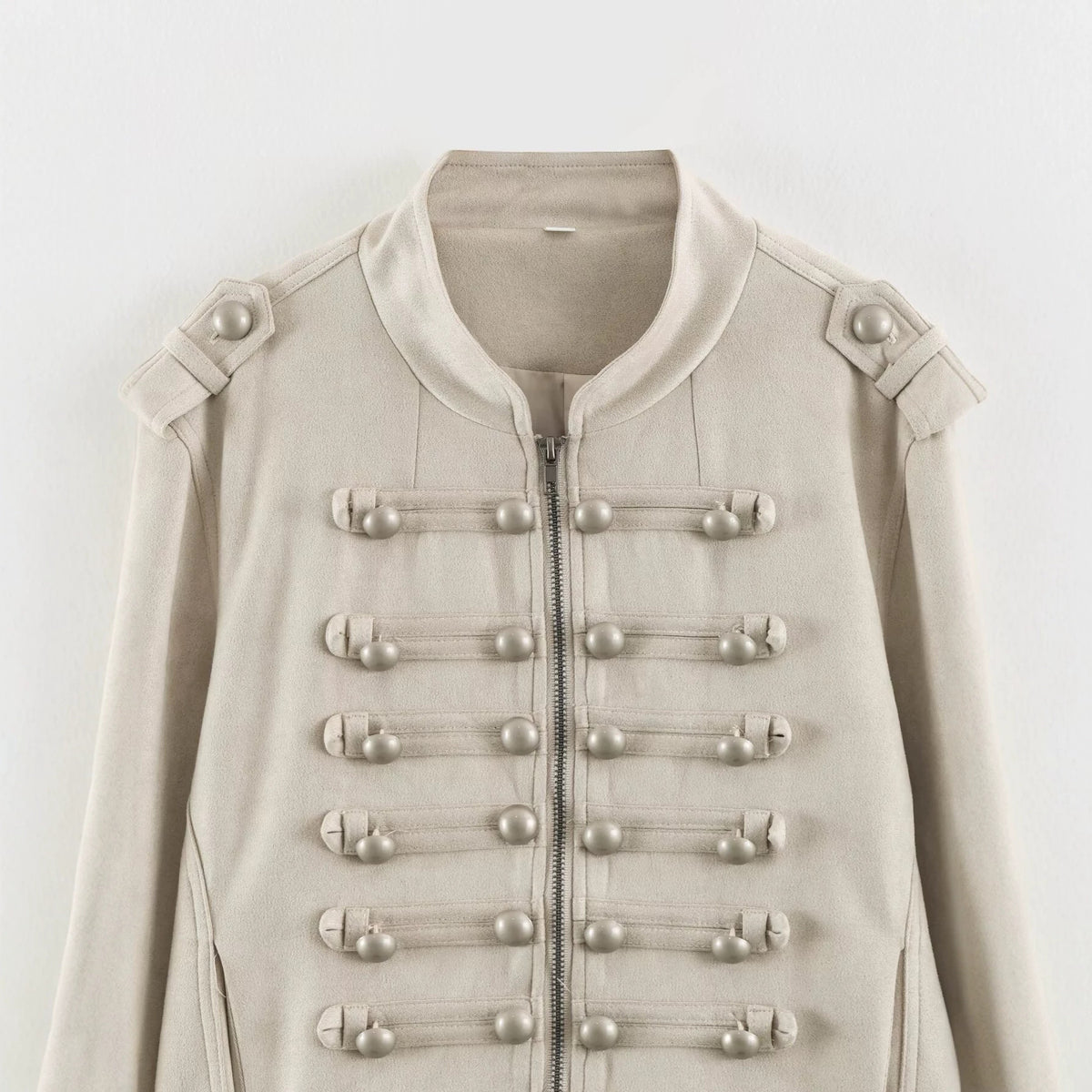 Women Short Military Jacket with Decorative Button Placket and Stand Collar EVA-US