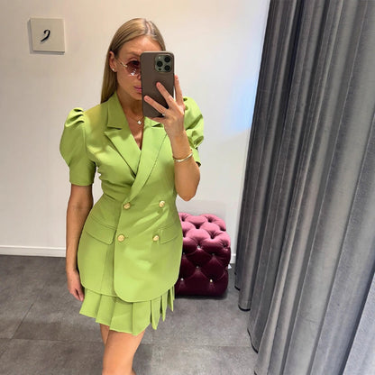 Women Double-breasted Blazer Dress with Puff Sleeves and Pleated Hem EVA-US