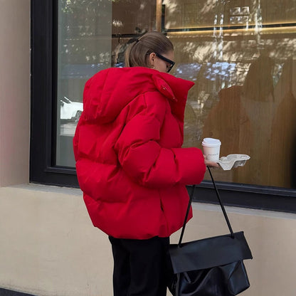 Women Short Cut Quilted Winter Jacket with High Collar Hood and Padded Thermal Lining EVA-US