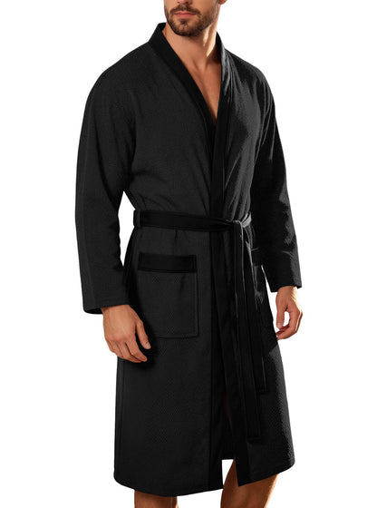 Men's lightweight cotton kimono bathrobe with waffle texture and patch pockets EVA-US