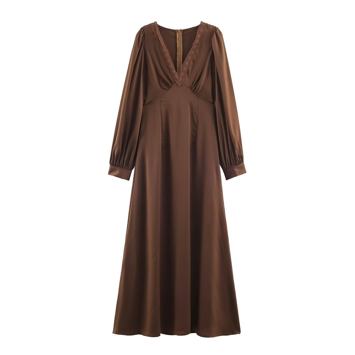 Women Elegant Satin Maxi Dress with V-Neck and Lace Trim EVA-US