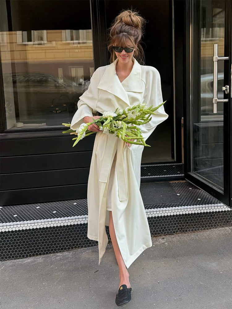 Women’s Maxi Length Wrap Coat made of Flowing Material with Wide Shawl Collar EVA-US
