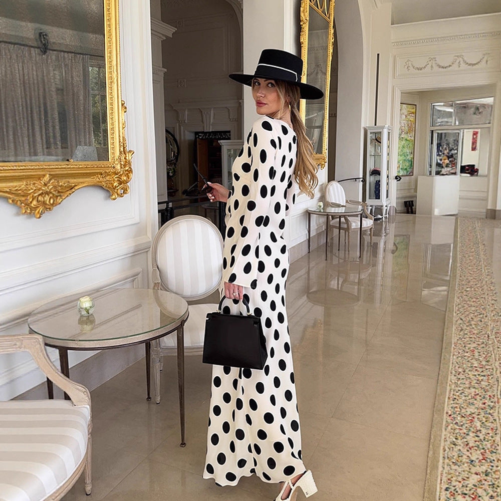 Women's Figure-Hugging Polka Dot Maxi Dress with Trumpet Sleeves & Round Neckline EVA-US