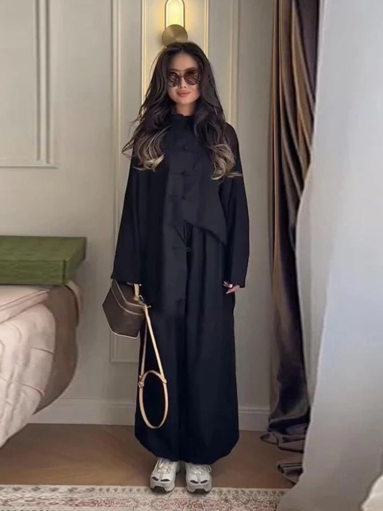 Women Two-Piece Oversized Lounge Set with Stand Collar and Decorative Knot Closures EVA-US