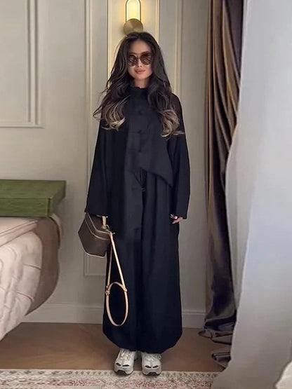Women Two-Piece Oversized Lounge Set with Stand Collar and Decorative Knot Closures EVA-US