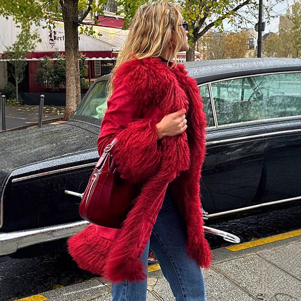Women Longer Faux Fur Coat with Voluminous Shawl Collar and Decorative Fur Cuffs EVA-US