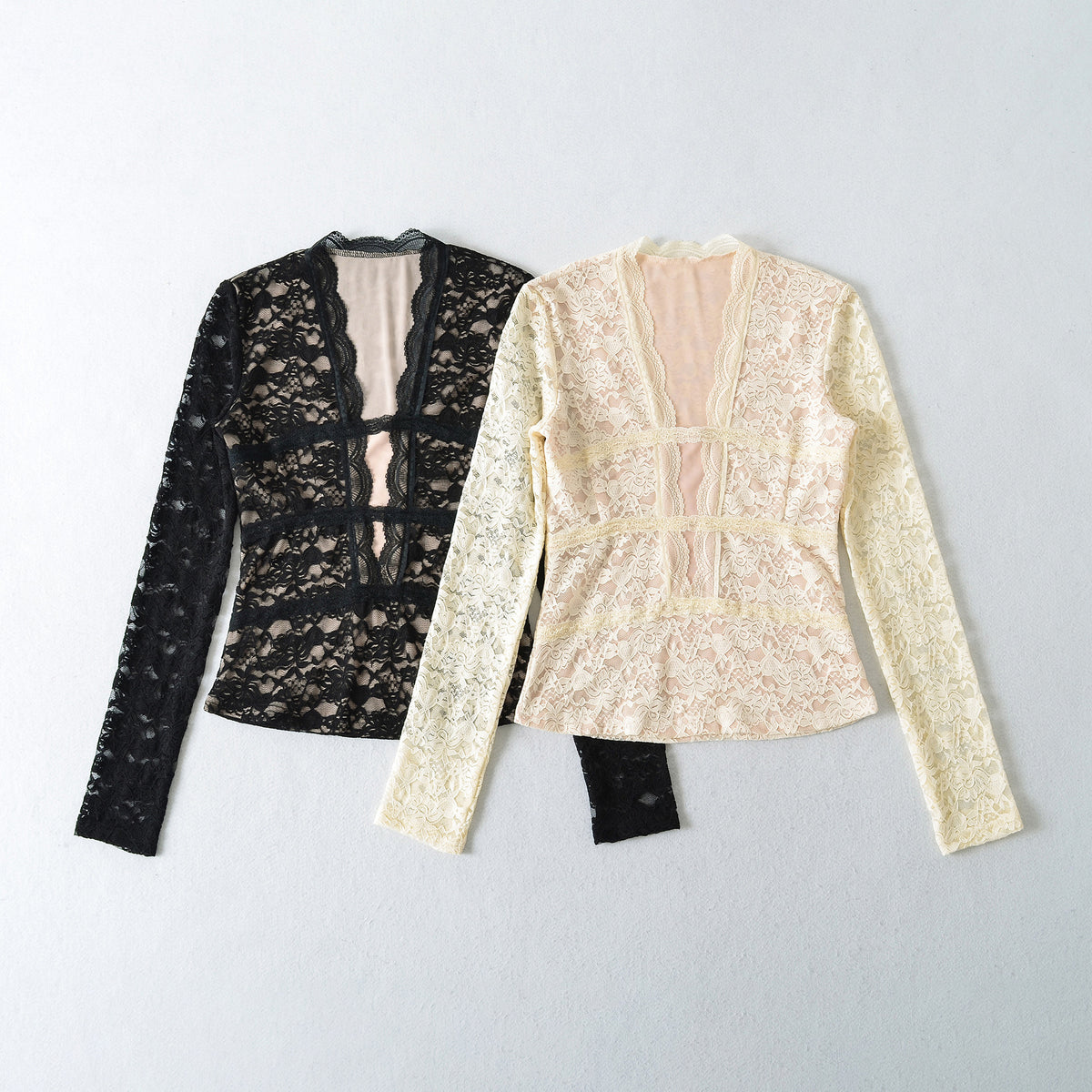Women's Transparent Lace Blouse with V-Neck, Tailored Inserts and Long Sleeves EVA-US