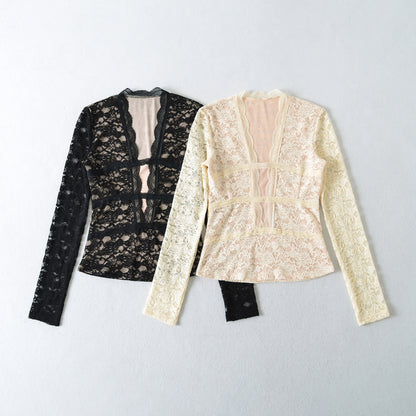 Women's Transparent Lace Blouse with V-Neck, Tailored Inserts and Long Sleeves EVA-US