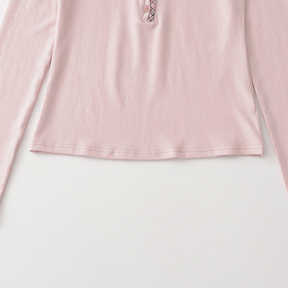 Women's long sleeve shirt with V-neck, button placket and check trim EVA-US