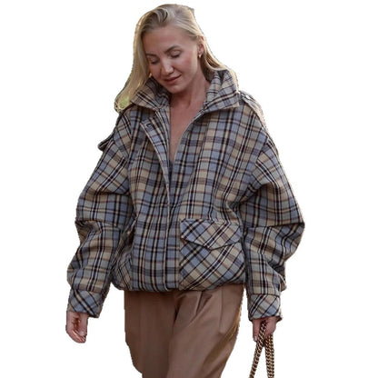 Women's oversized checkered coat in boxy cut with zipper and shoulder flaps EVA-US