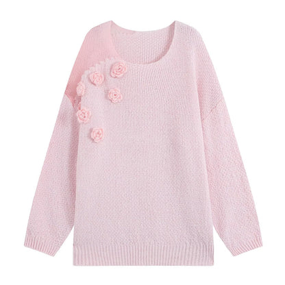 Women's knit set with cozy sweater featuring 3D flower appliqué and A-line skirt EVA-US