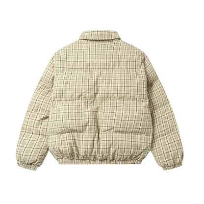 Unisex Short Cut Checked Padded Jacket with High Collar and Elastic Hem EVA-US