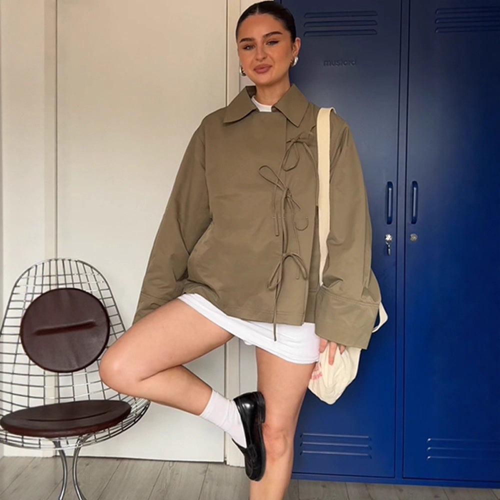 Women's Oversized Shirt Jacket with Decorative Knot Closures and Shirt Collar EVA-US