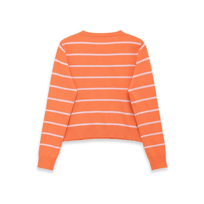 Women's Short-Cut Fine Knit Cardigan with Horizontal Stripes and Mother-of-Pearl Buttons EVA-US