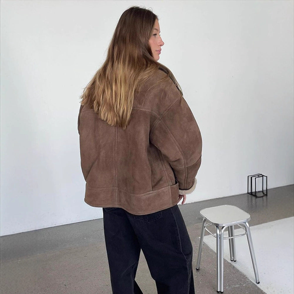 Women Oversize Shearling-Faux Pilot Jacket with Contrasting Trimmings & Buckle Details EVA-US