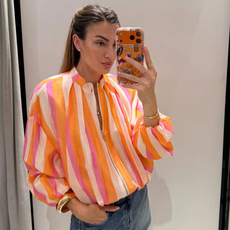 Women Striped Lightweight Bomber Jacket with Balloon Sleeves and Stand Collar EVA-US