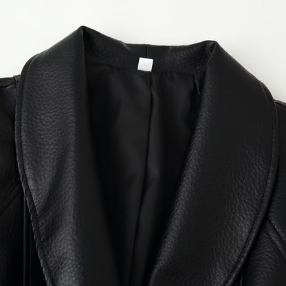 Women's short blazer made of vegan leather with shawl collar and waist tie belt EVA-US