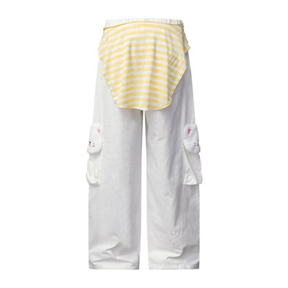 Women Wide Cargo Jeans with Plush Pockets, Embroidery and Elastic Waist EVA-US