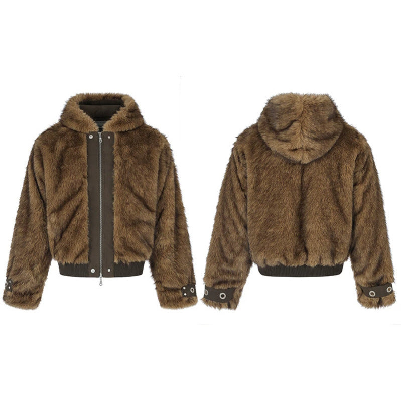 Ladies short cut hooded bomber jacket made of faux fur with ribbed cuffs and two-way zipper EVA-US