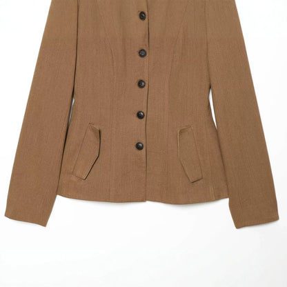 Women's Tailored Short Blazer Jacket with Contrast Collar and Flap Pockets EVA-US