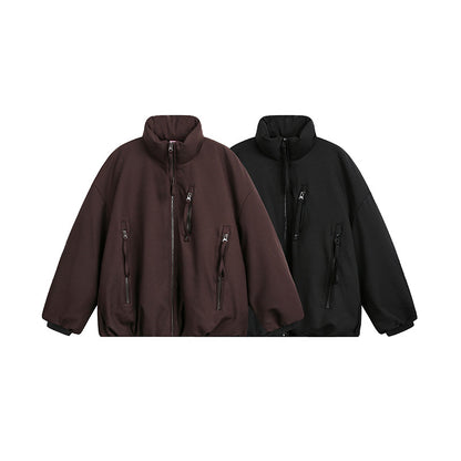 Unisex Wide Cut Utility Fleece Jacket with Stand-Up Collar and Multiple Zipper Pockets EVA-US