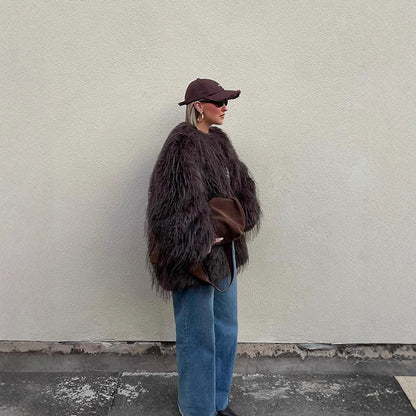 Women Oversize Faux Fur Coat with Long Pile Shag Look and Square Silhouette EVA-US