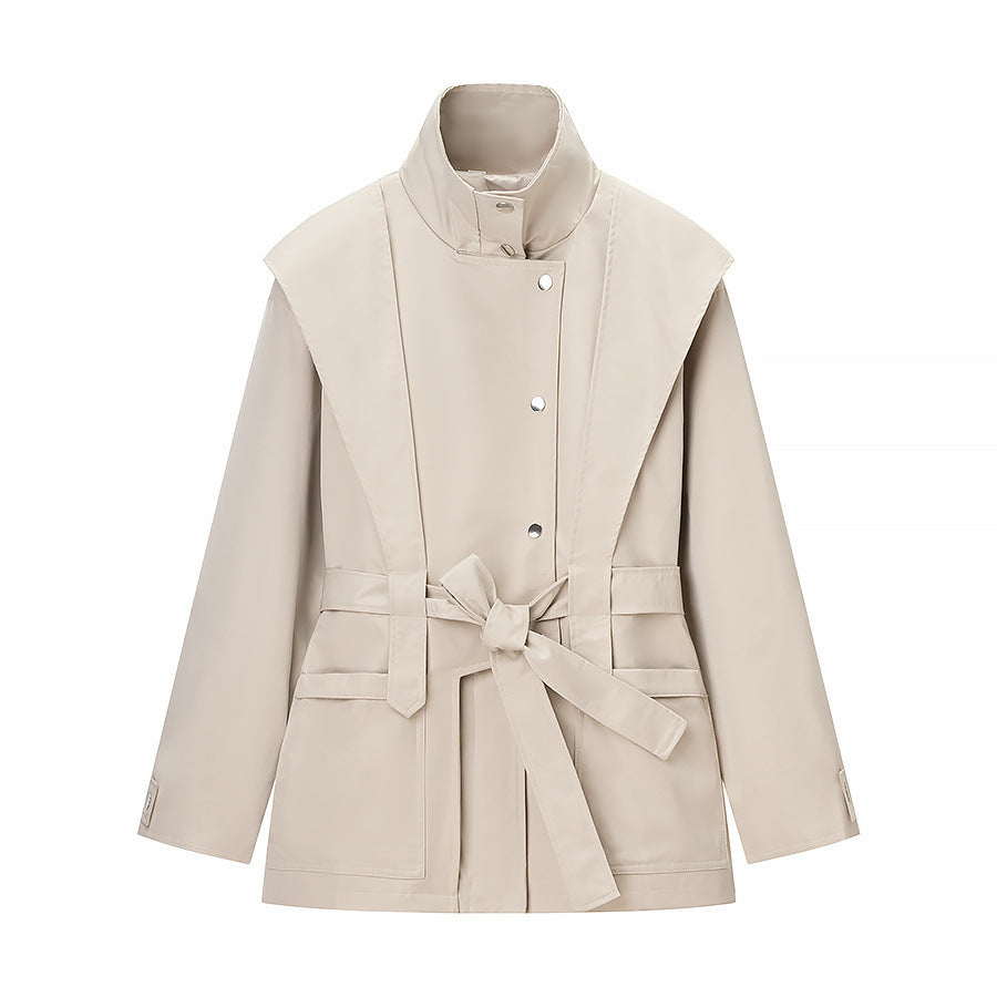 Ladies short trench coat with cape detail, stand-up collar and tie belt EVA-US