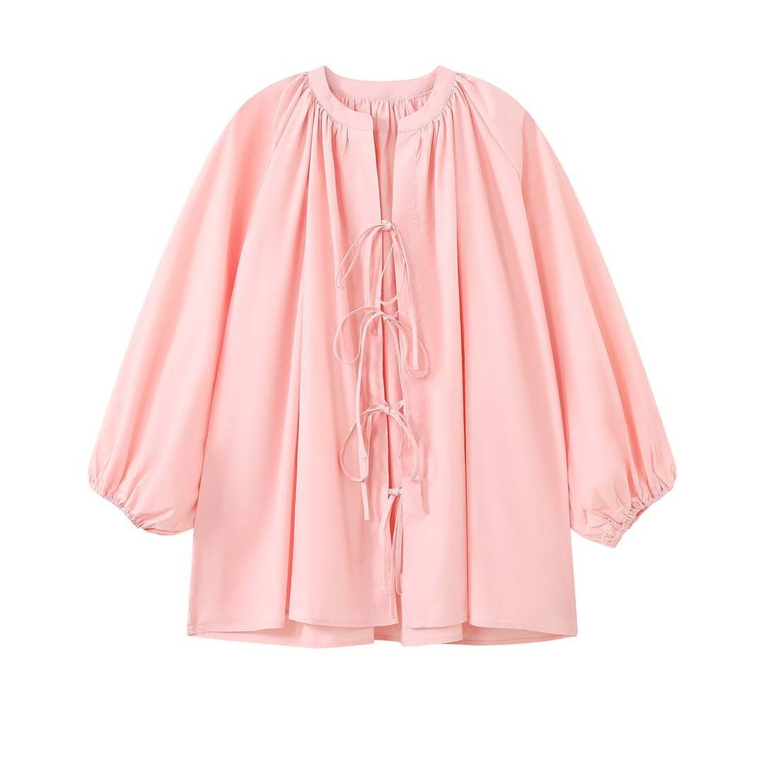 Women's Wide Cape Blouse Top with Ties and Gatherings EVA-US