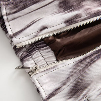 Women's Short Bomber Jacket in Cropped Style with Contrasted Faux Leather Collar and Abstract Print EVA-US