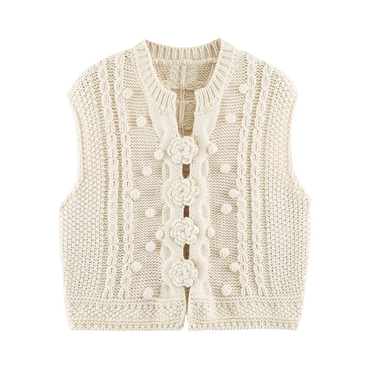 Women's knitted vest with cable pattern, flower appliqués and bobble texture EVA-US