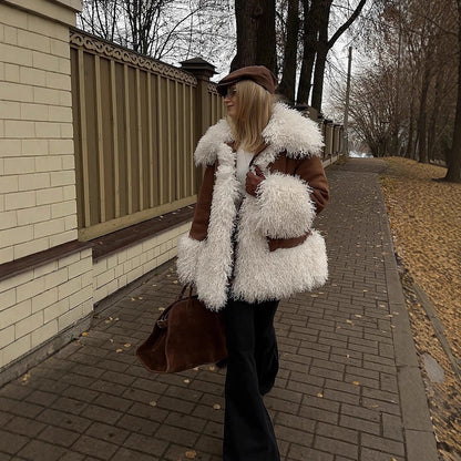 Women's short coat in lamb fur look with voluminous curly collar and contrast trim EVA-US