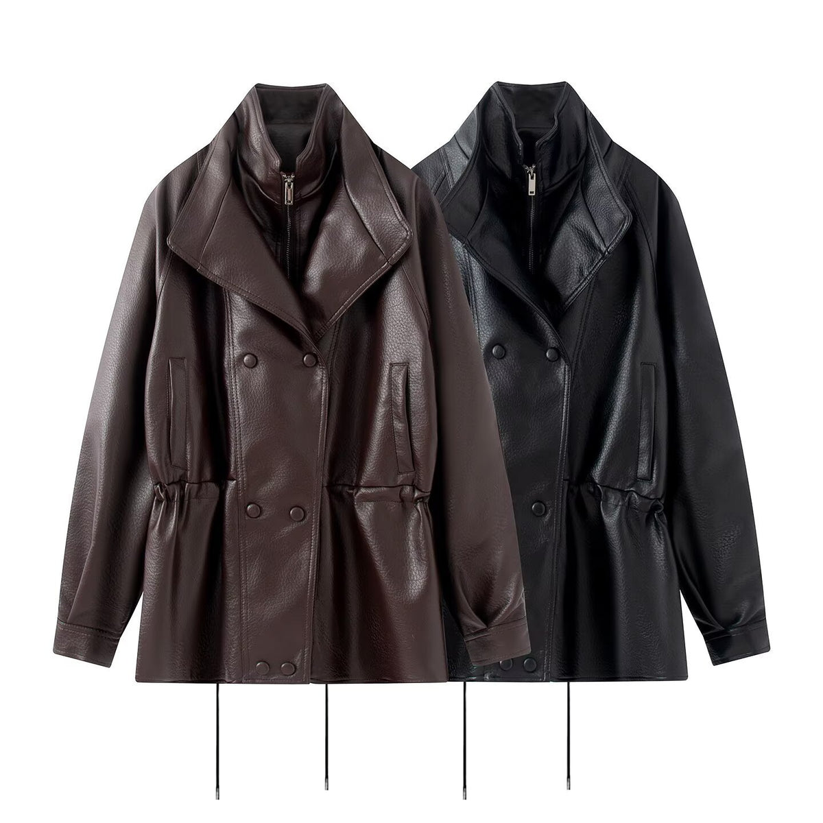 Women Oversized Double-Breasted Faux Leather Coat with Drawstring and Stand-Up Collar EVA-US