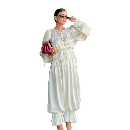 Women's One-Piece Satin Jumpsuit with Lace Yoke, Puff Sleeves, and Voluminous Harem Pants EVA-US