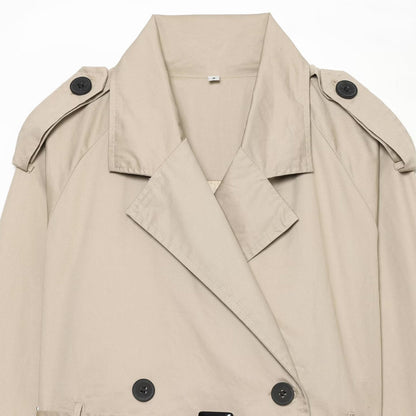 Women's short blouson trench coat with double-breasted button placket, shoulder epaulets, and waist belt EVA-US