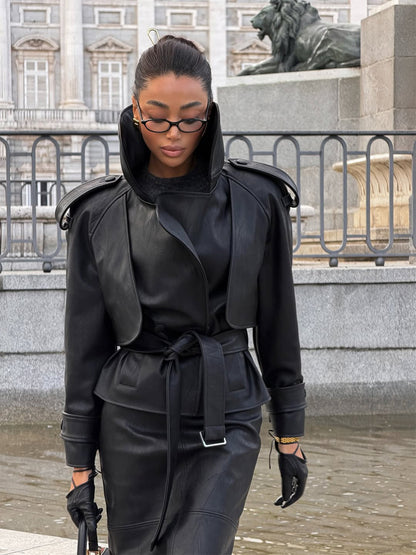 Ladies Fitted Leather Jacket with Short Cape Insert, Shoulder Pads and Belt EVA-US