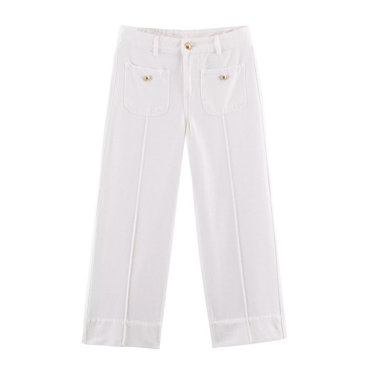 Ladies High-Waist Wide-Leg Jeans with patch front pockets and center seam detail EVA-US