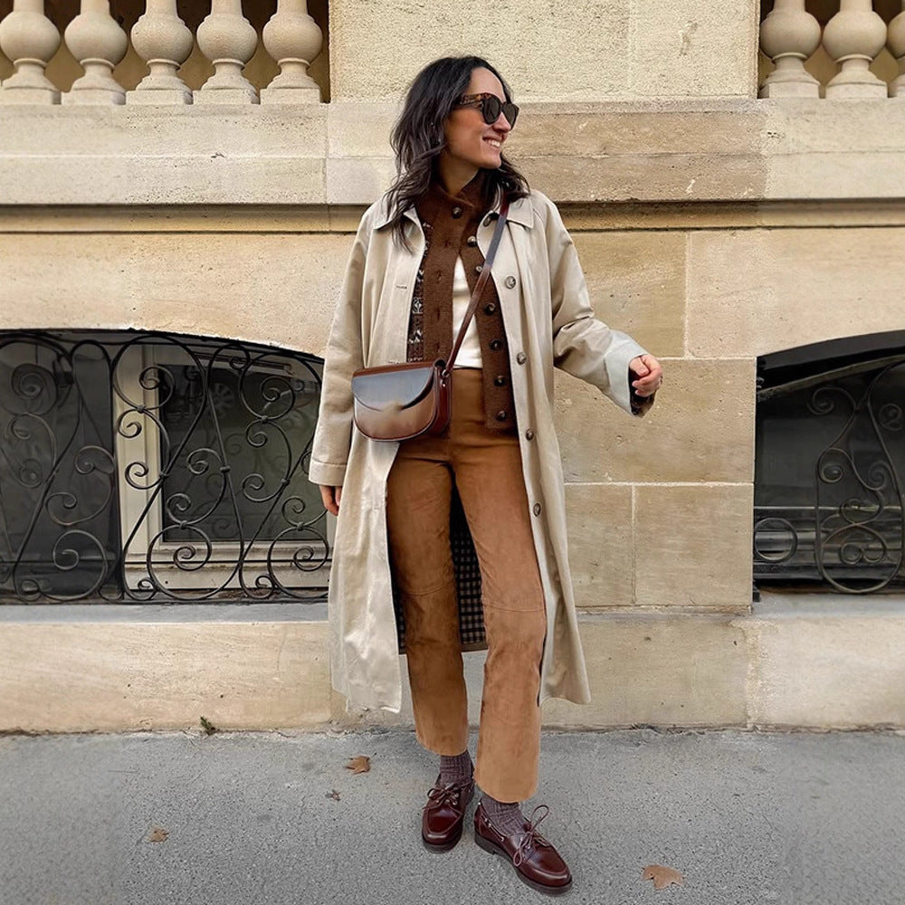Women's maxi-length trench coat with check lining, wide fall & classic button placket