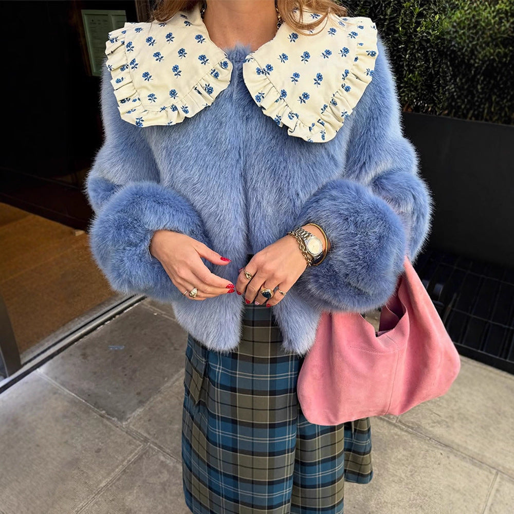 Women's Short Faux Fur Jacket with Distinctive Crochet Collar EVA-US