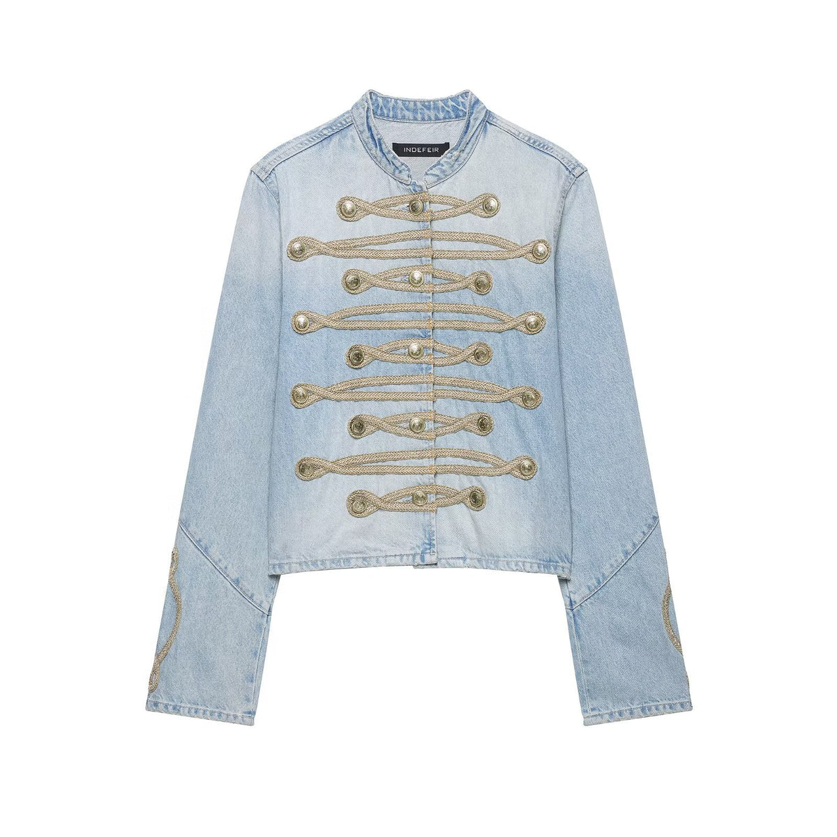 Women's short denim jacket in military style with cord appliqué and mandarin collar EVA-US