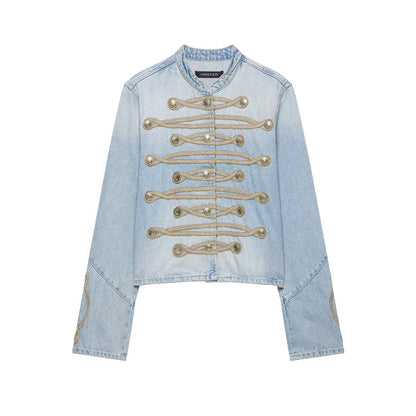 Women's short denim jacket in military style with cord appliqué and mandarin collar EVA-US