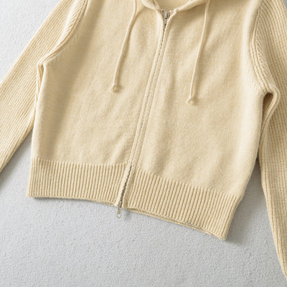 Women's Short Hooded Cardigan with Zipper and Fitted Ribbed Hem EVA-US