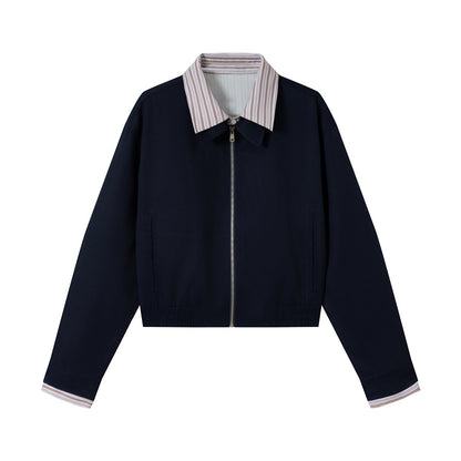 Women's short jacket with contrasting shirt collar, concealed zipper, and elastic hem EVA-US