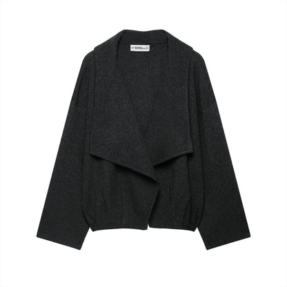 Women's short cut open wool blend cardigan with large shawl collar and boxy cropped silhouette EVA-US