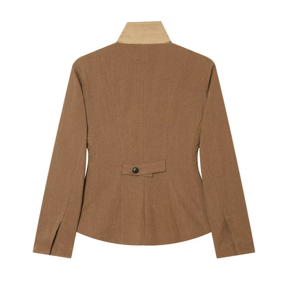 Women's Tailored Short Blazer Jacket with Contrast Collar and Flap Pockets EVA-US