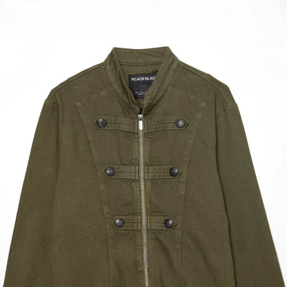 Women's Short Military-inspired Jacket with Stand Collar, Decorative Button Plackets and Full Zip EVA-US