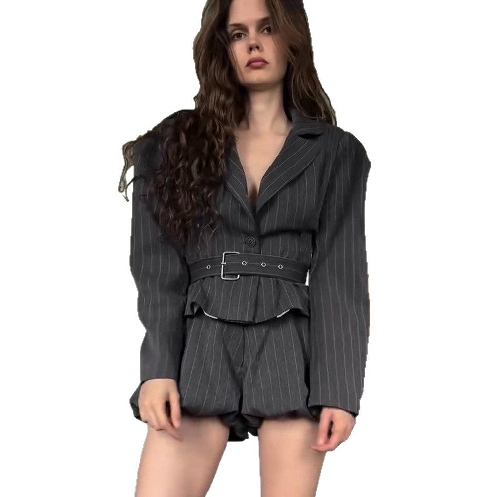 Women's Tailored Pinstriped Blazer with Shoulder-Emphasizing Balloon Sleeves and Waist Belt EVA-US