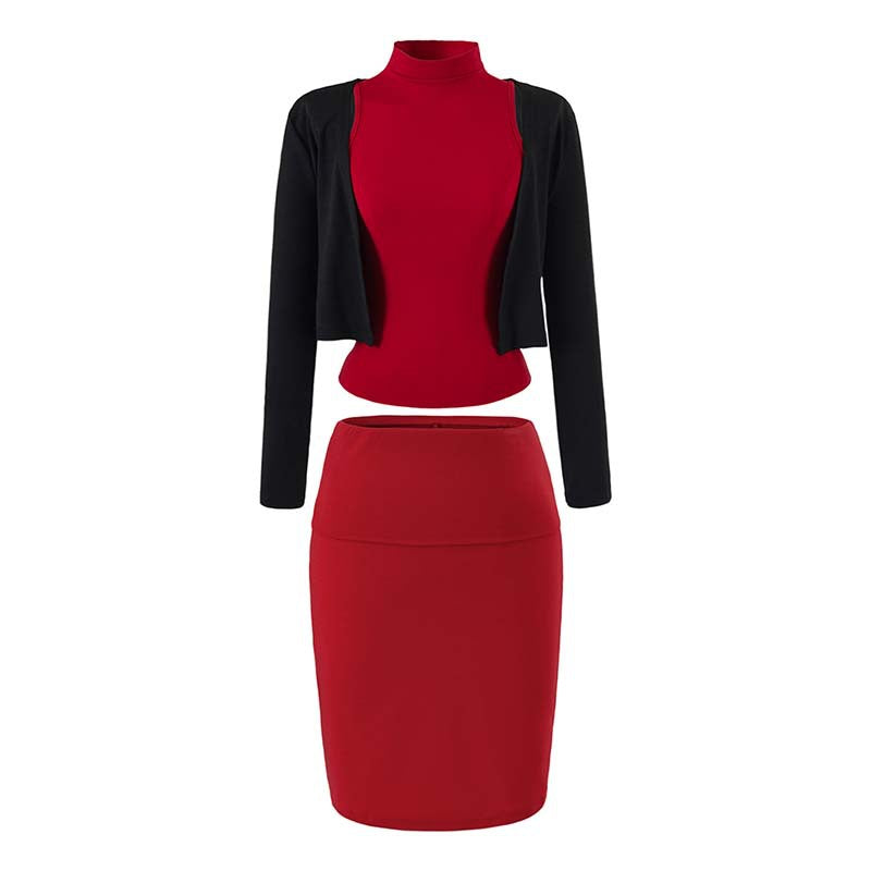 Ladies two-piece business knit set with turtleneck top, bolero, and pencil skirt EVA-US