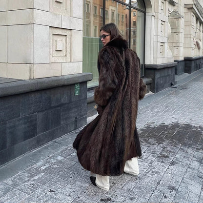 Women Luxurious Long Fur Coat with Wide Collar and Voluminous Sleeves EVA-US